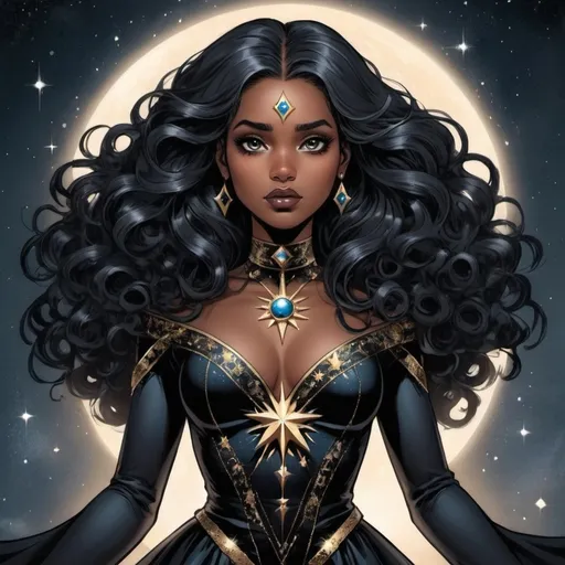 Prompt: mulher princesa feérica com longos e esvoaçantes cabelos negros como o universo frio, usando vestido preto como um céu estrelado, olhos negros como um céu noturno, estilo comic