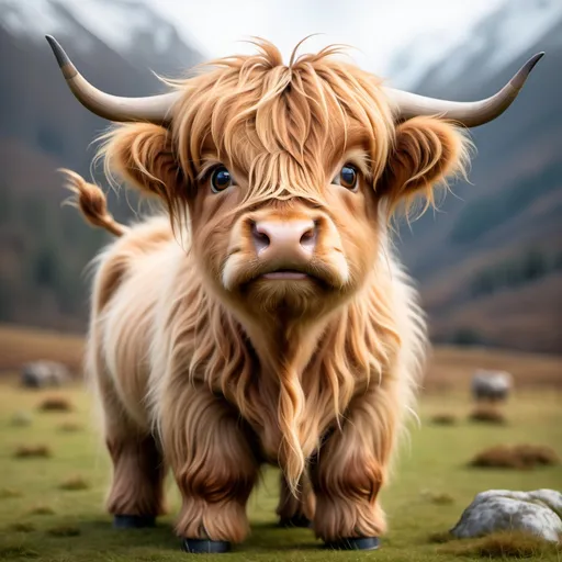 Prompt: A cute young cartoon highland cattle with big soulful eyes
less feminine
fluffier
even fluffier
lots of fur, messy