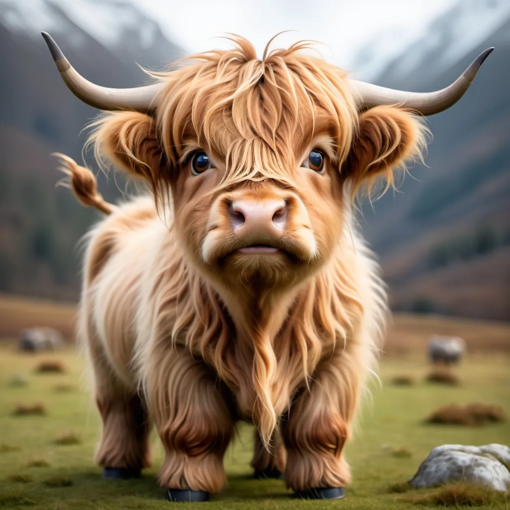 Prompt: A cute young cartoon highland cattle with big soulful eyes
less feminine
fluffier
even fluffier
lots of fur, messy