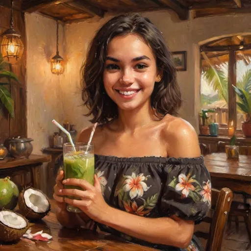 Prompt: Young woman with dark shoulder-length hair, (cheerful) smile, (holding coconut drink with straw), wearing (dark off-shoulder top), wooden dining table, (warm lighting), background featuring soft, cozy kitchen ambiance, subtle decorative details, (4K), ultra-detailed, inviting atmosphere, vibrant colors, capturing a moment of joy and relaxation.