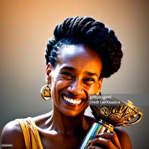 Prompt: Successful black female author, long neat braids, joyful excitement and gratitude, dazzling smile, vibrant afro-centric outfit, holding a trophy, glowing atmosphere of accomplishment, rich textures, warm color tones, soft lighting highlighting her features, dynamic pose exuding confidence, ultra-detailed, inspiring ambiance, celebrating creativity and success, polished look, artistic background, showcasing books and writing tools, HD quality.