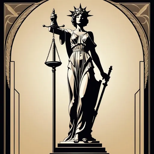 Prompt: A narrow,  lean lady justice at least 1:6 aspect ratio, siloute, posterized, head to toe, in an art deco style facing left


