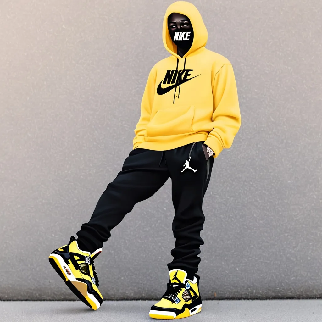 Prompt: male, with drip, air Jordan 4s thunder, showing face, ski mask, not holding shoes, white skin color, not holding any shoes, wearing, and only wearing the air Jordans
Nike joggers
yellow drippy hoodie nike

 






