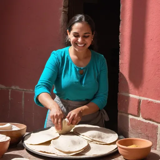 Prompt: Two latin woman making small tortillas and smiling each other