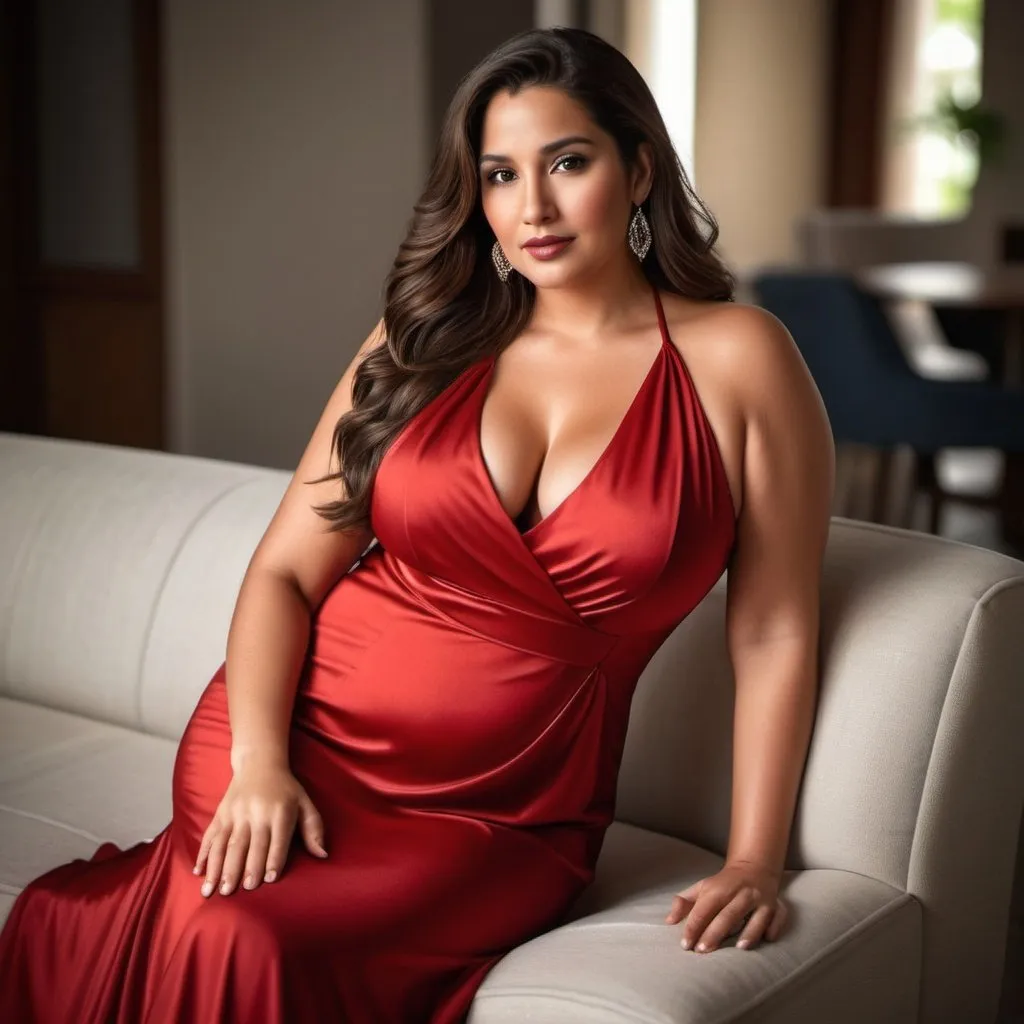 Prompt: Beautiful curvy latin female aged early 30s with long brown hair,  with a red dress, deep neckline, confidence facial expression, beautiful latin eyes, full lips, realistic, natural lighting, photo realism, private setting, comfortable sofa