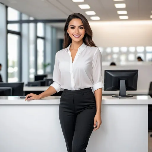 Prompt: a latin woman working in a bank, dressed with white blouse and black pants, natural make-up, smiling, beatiful.