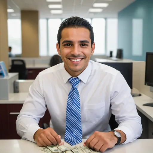 Prompt: a latin man working in a bank, dressed with colors white and blue, using tie, smiling, receiving money