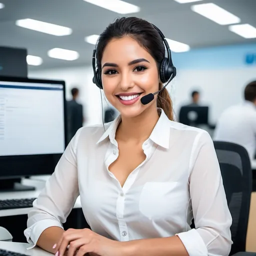 Prompt: a latin woman, beautiful smile, working at a contact center, dressing casual clothes
