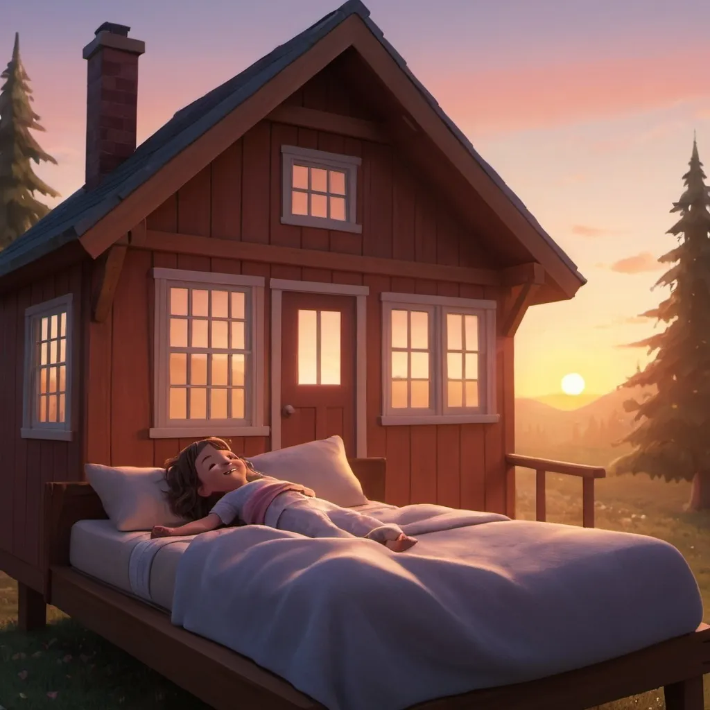 Prompt: A cozy little house with a sunrise in the background. Inside the house, a small bed with Noelle waking up, smiling with her arms stretched out.