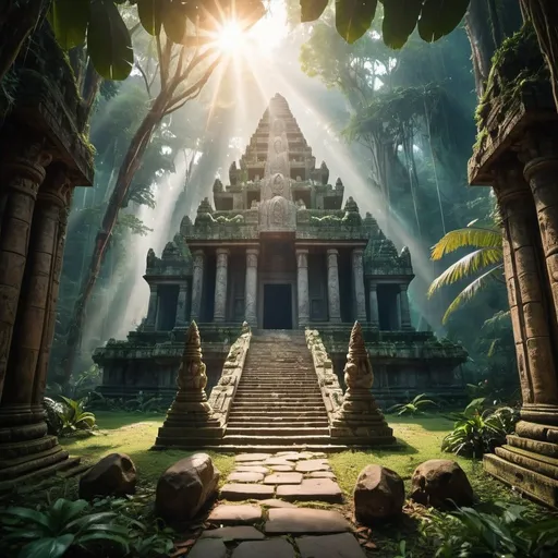 Prompt: Huge huge magical temple in the middle of a jungle epic lighting epic composition marble string looks something like a temple run or Jumanji vibe
