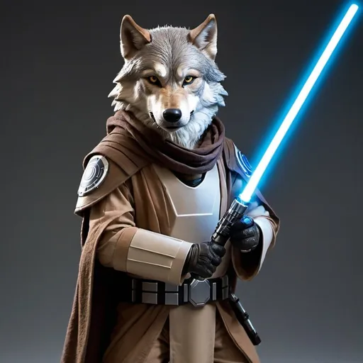 Prompt: a wolf in a jedi suit with two lightsaber one in each hand