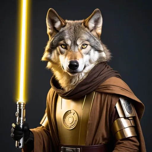 Prompt: a wolf in a jedi suit with a golden lightsaber