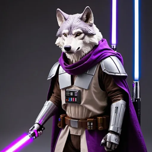 Prompt: a wolf in a jedi suit with 2 purple lightsaber
