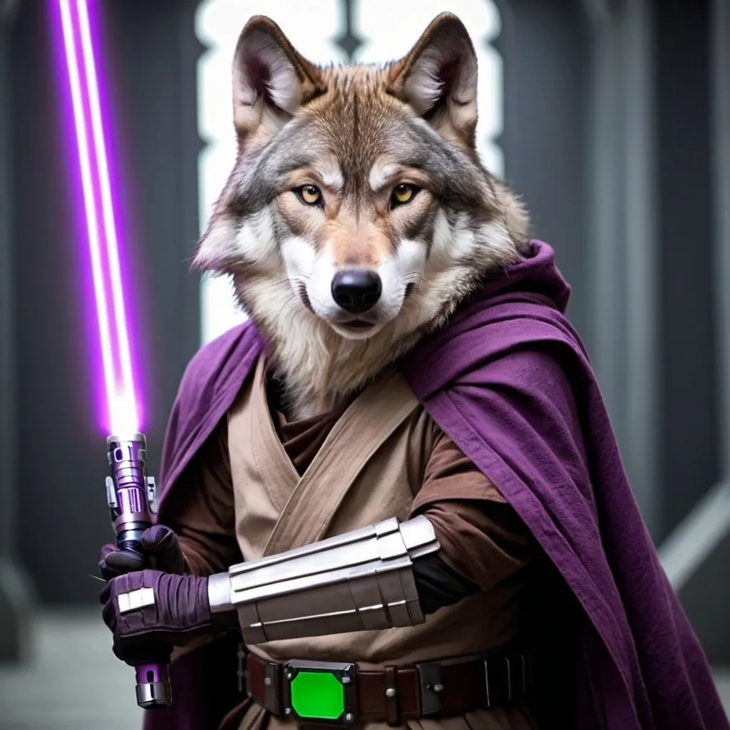 Prompt: a wolf in a jedi suit with two purple lightsaber