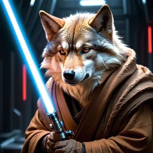 Prompt: Jedi wolf with lightsabers, detailed fur, intense and focused gaze, futuristic sci-fi setting, high quality, sci-fi, detailed fur, intense gaze, jedi, lightsabers, futuristic, atmospheric lighting