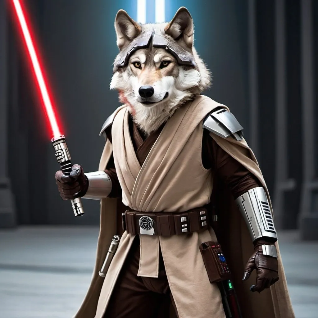 Prompt: a wolf in a jedi suit with two lightsaber one in each hand