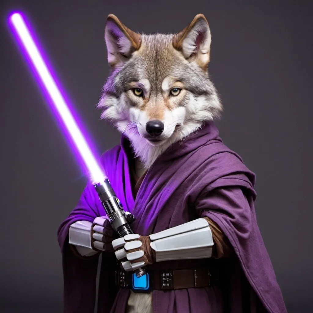 Prompt: a wolf in a jedi suit with a purple lightsaber