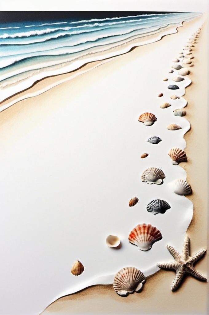 Prompt: In a white background for A5 size paper, draw a seashore with foot prints and seashells lying around the sand using only black lines..No other colours