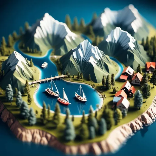 Prompt: aerial view, tilt-shift, isometric miniature world, detailed landscape world render with tiny houses and boats, mountains with lakes