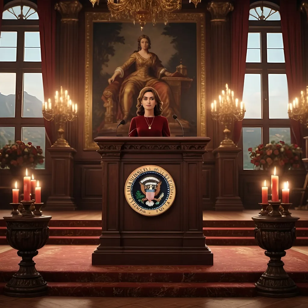 Prompt: (podium with president woman and face is beaming), majestic scenery, (magical elements), intricate details, president giving a speech, grand hall, chandeliers, (floating candles), rich color palette, deep reds and golds, enchanted atmosphere, old-world charm, dim lighting, lavish tapestries, wooden paneling, (ancient books), spellbinding mood, cinematic quality, 4K resolution, ultra-detailed, immersive background, high-quality render.