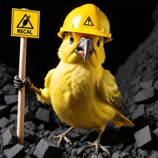 Prompt: CANARY IN THE COAL MINE WEARING A HARD HAT which has a light. The canary is holding is beak from fumes. The light is pointing to a sign that says Recall. The bird with one wing is pointing to a match. 


