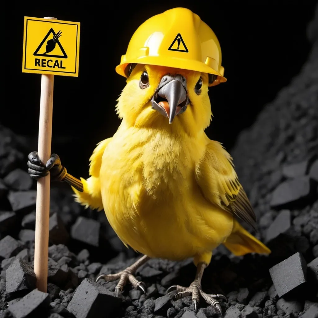 Prompt: CANARY IN THE COAL MINE WEARING A HARD HAT which has a light. The canary is holding is beak from fumes. The light is pointing to a sign that says Recall. The bird with one wing is pointing to a match. 


