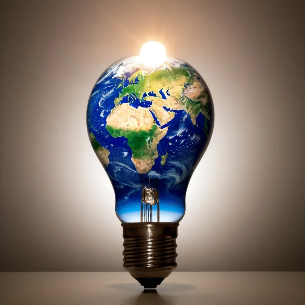 Prompt: a light bulb with a image of earth within the light bulb. The light bulk has three points that create a light arc
