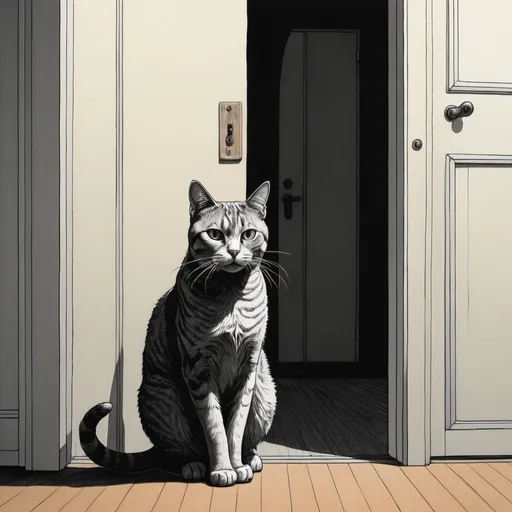 Prompt: a cat sits in the doorway with its shadow cast on the wall suggesting there's more than what meets the eye as it's owner cowers in fear, slowly backing away from the door. in the style of Junji Ito. 