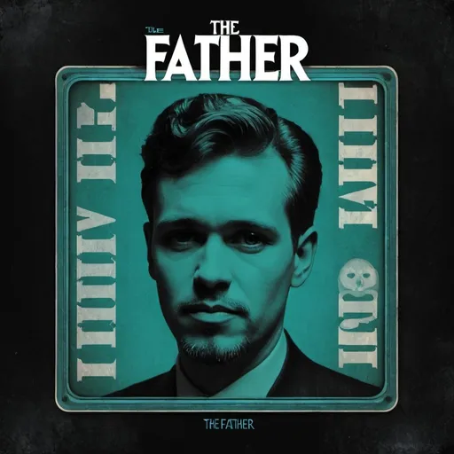 Prompt: Create an album cover art for the song titled "The Father." The style should be modern with a vintage twist, featuring a mishko effect font and vintage film distortion on a black background. The text "The Father" should be the focal point, with a combination of blue, white, and green colors.