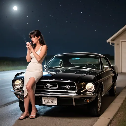 Prompt: on a starry night, a black 1968 ford mustang breaks down on a moonlit road. the driver—a woman, calls her boyfriend for help, but she overhears another woman with him. they argue for a moment, but she's interrupted by a stranger offering assistance fixing the car. she leans on the hood of her car, smoking a cigarette as she watches the stranger fix her car. 