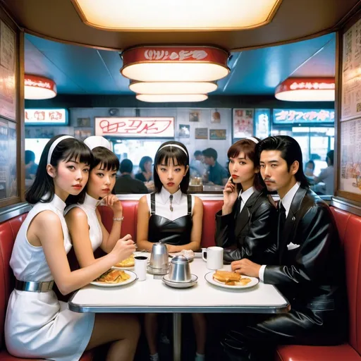Prompt: its the 2055, and in Japan, nostalgia is in the air. at diner, a group of 3 friends sit in a booth, two of them discussing the menu items as the third turns to wave over one of the cyborg waitresses to their table in the style of hajime sorayama. 