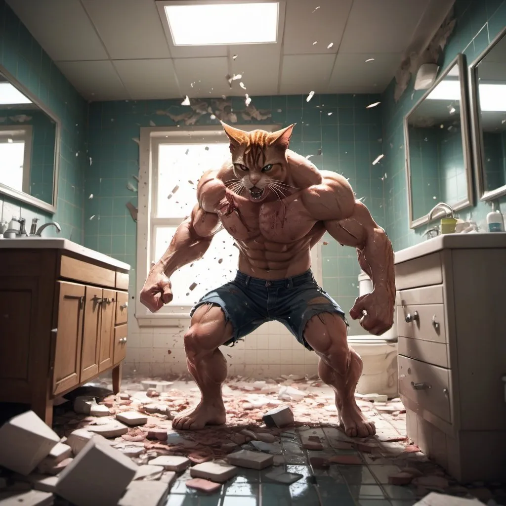 Prompt: Muscular man battling mutated cat in messy bathroom, anime, broken mirrors, scattered bricks, tiles, intense action, highres, ultra-detailed, anime, messy environment, intense fight, dramatic lighting
