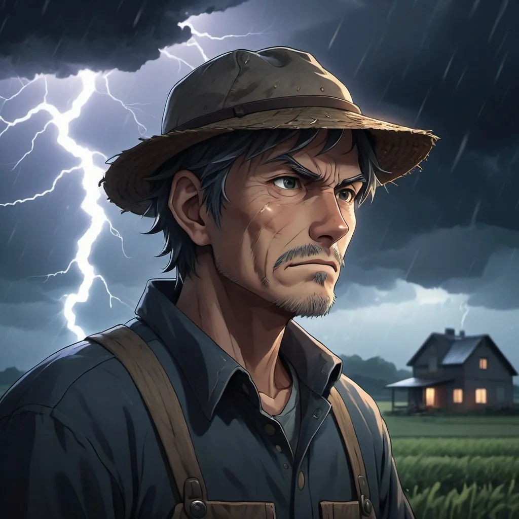 Anime illustration of a farmer on a stormy night, st...