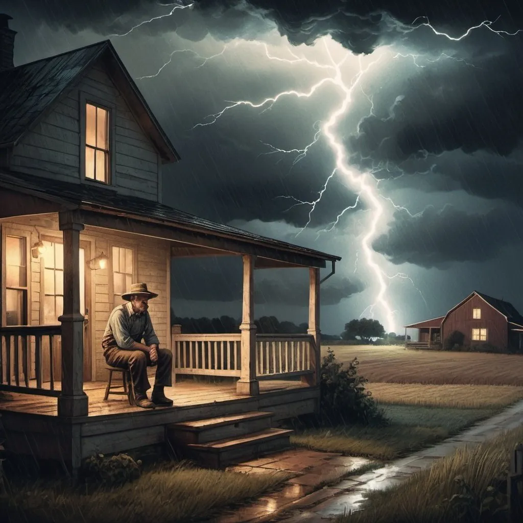 Prompt: Vintage illustration of a stormy night, farmer on porch, stoic face revealed by lightning, glowing farmhouse, solace in the storm, vintage style, detailed facial expressions, rustic artwork, moody atmosphere, hand-drawn, vintage colors, lightning reveal, vintage farmhouse, stormy weather, vintage art style, stoic expression, atmospheric lighting