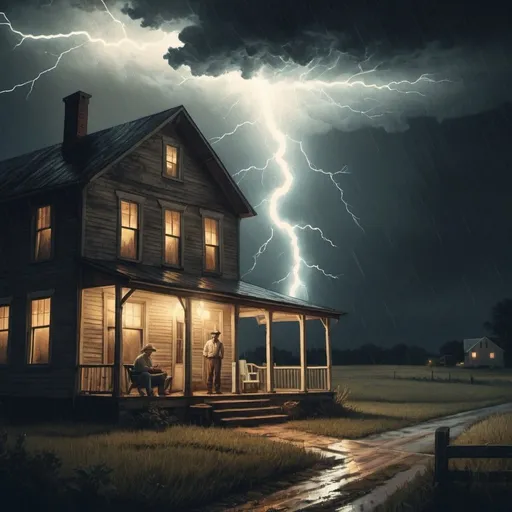 Prompt: Vintage illustration of a stormy night, farmer on porch, stoic face revealed by lightning, glowing farmhouse, solace in the storm, vintage style, detailed facial expressions, rustic artwork, moody atmosphere, hand-drawn, vintage colors, lightning reveal, vintage farmhouse, stormy weather, vintage art style, stoic expression, atmospheric lighting