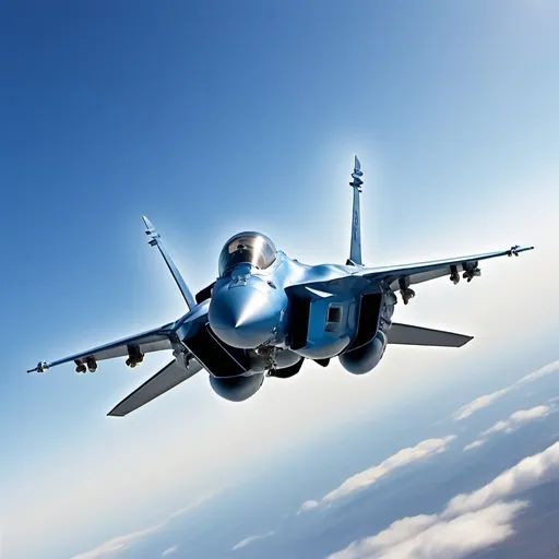 Prompt: fighter jet aeroplane, mid air, blue sky, magazine cover shot, centered background text S I L V E R D O V E, high quality, realistic, detailed, professional, glossy finish, clear blue sky, dynamic composition, powerful stance, sleek design, aerodynamic, premium, intense sunlight