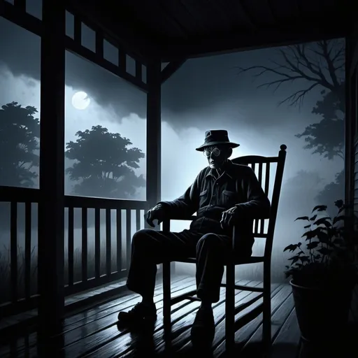 Prompt: Dark stormy night. Old farmer, eerie silhouette on porch. Creaking chair, foreboding gaze behind fogged glasses. Secrets in the shadows. in the style of Junji Ito. anime. 