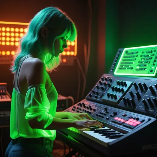 Prompt: a close-up from behind of a female cyborg pressing a key on a korg MS-20 synthesizer in a dimly lit 70s music studio, an neon green aura shaping her silhouette. 