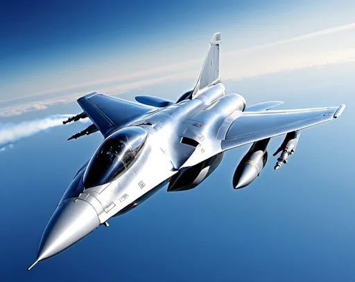 Prompt: Magazine cover shot of a sleek fighter jet SILVERDOVE soaring through the mid-air, vivid blue sky backdrop, high-contrast lighting, high quality, detailed 3D rendering, aerodynamic design, powerful engine exhaust, dynamic angle, mid-air action, striking and professional, glossy finish, intense shadows, realistic reflections, highres, ultra-detailed, dynamic pose, futuristic, sleek design, professional, vibrant blue tones, atmospheric lighting