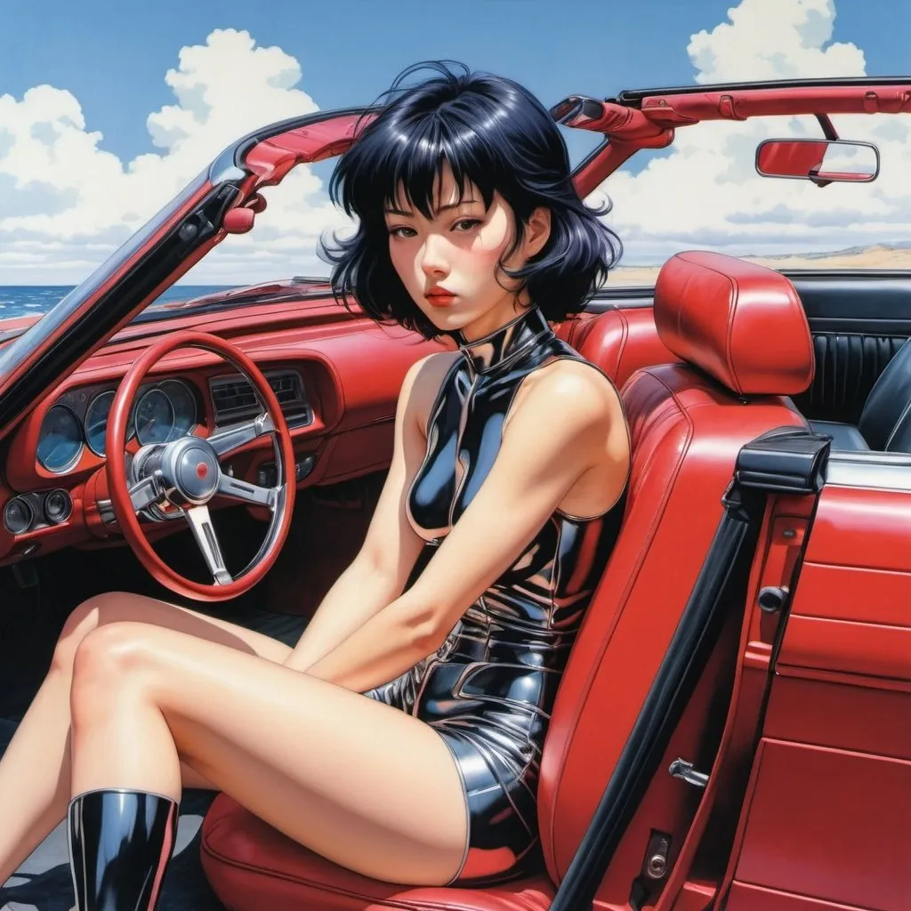 Prompt: motoko kusanagi sits in the backseat of a red convertible car, her legs on the headrests on a bright summer day. in the style of hajime sorayama. 