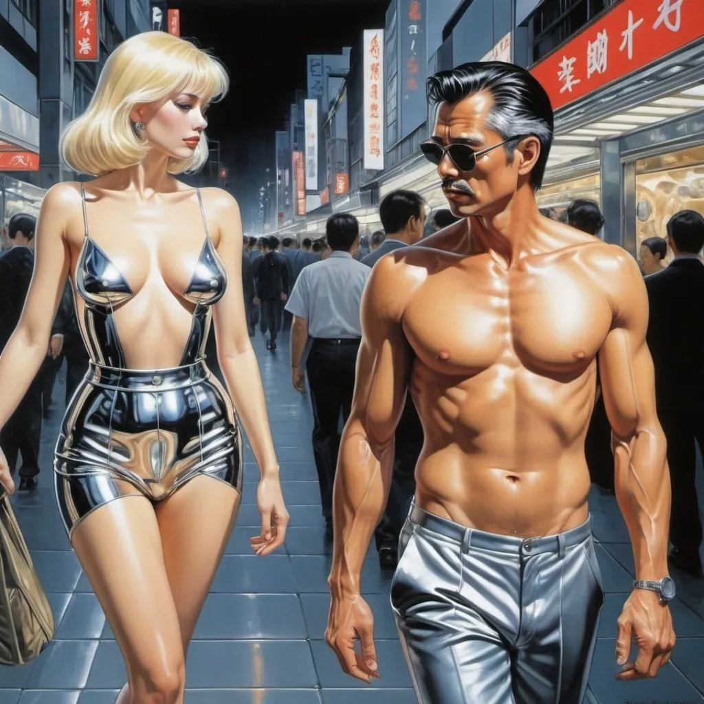 Prompt: a man gives a longing look to a beautiful woman walking past him in the style of hajime sorayama