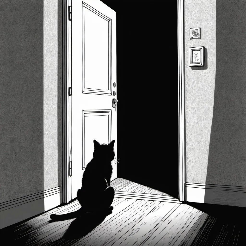 Prompt: a cat sits in the doorway with its shadow cast on the wall suggesting there's more than what meets the eye as it's owner cowers in fear, slowly backing away from the door. in the style of Junji Ito. 