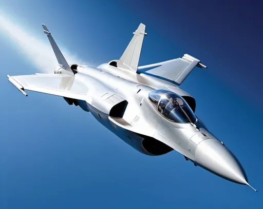 Prompt: Magazine cover shot of a sleek fighter jet SILVERDOVE soaring through the mid-air, vivid blue sky backdrop, high-contrast lighting, high quality, detailed 3D rendering, aerodynamic design, powerful engine exhaust, dynamic angle, mid-air action, striking and professional, glossy finish, intense shadows, realistic reflections, highres, ultra-detailed, dynamic pose, futuristic, sleek design, professional, vibrant blue tones, atmospheric lighting