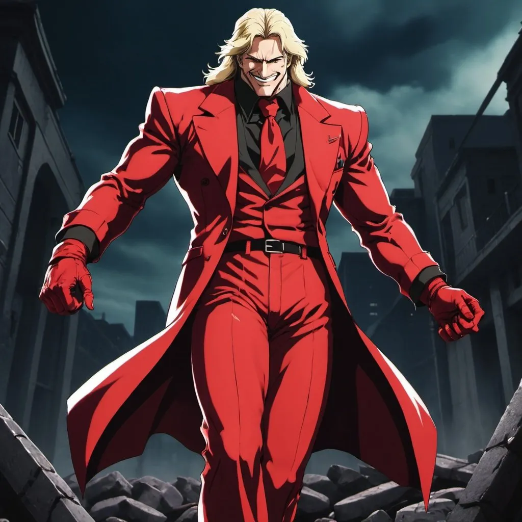 Prompt: rugal bernstein. wearing his red suit. grinning sinisterly. standing over defeated foe. in the style of 1980s anime. 