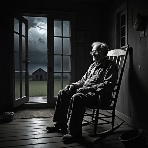 Prompt: On a moonless, stormy night engulfed in darkness, the old farmer sits alone on his porch, the rhythmic creaking of his rocking chair echoing ominously through the still air. Each flash of lightning reveals his silhouette, distorted and elongated, casting eerie shadows against the dilapidated farmhouse. His face, weathered and gaunt, is etched with a sense of foreboding, his expression unreadable behind fogged glasses. In the flickering light, his eyes gleam with an unsettling intensity, hinting at hidden fears and unspeakable secrets lurking within the depths of his soul. 