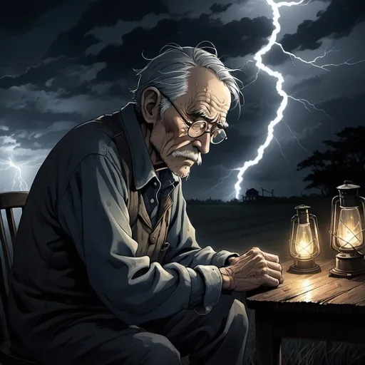Prompt: Misc-manga illustration of an old farmer on a stormy night, haunting gaze, fogged glasses, creaking chair, lightning reveal, distorted silhouette, secrets in shadows, sense of dread, isolated, haunting, stormy, eerie atmosphere, atmospheric lighting, manga, detailed eyes, professional
