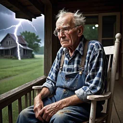 Prompt: On a stormy, moonless night, amidst a torrential downpour, an elderly farmer sits in a creaking rocking chair on the porch of his weather-beaten farmhouse. Each flash of lightning illuminates his wrinkled face, casting deep shadows and highlighting the lines of years of toil. He wears a worn plaid shirt and denim overalls, his hands calloused from a lifetime of hard work. Despite the raging storm, his expression remains stoic, his eyes obscured behind thick glasses, reflecting the fleeting light of each lightning bolt