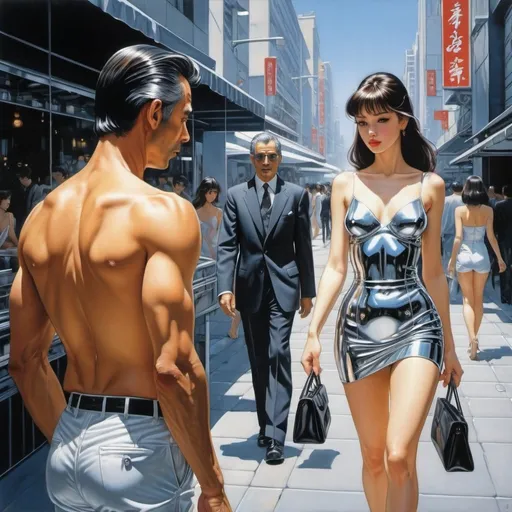 Prompt: a man gives a longing look to a beautiful woman walking past him in the style of hajime sorayama