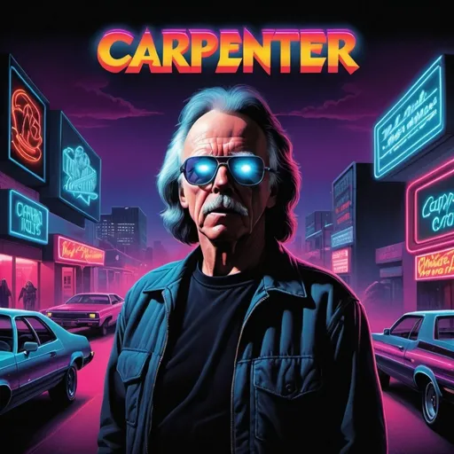 Prompt: Create album artwork inspired by the mid-1980s aesthetic of filmmaker John Carpenter. The style should evoke the atmosphere of Carpenter's iconic movies, featuring a blend of retro-futuristic elements, neon lights, and eerie atmospheres