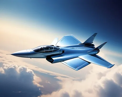 Prompt: Magazine cover shot of a sleek fighter jet SILVERDOVE soaring through the mid-air, vivid blue sky backdrop, high-contrast lighting, high quality, detailed 3D rendering, aerodynamic design, powerful engine exhaust, dynamic angle, mid-air action, striking and professional, glossy finish, intense shadows, realistic reflections, highres, ultra-detailed, dynamic pose, futuristic, sleek design, professional, vibrant blue tones, atmospheric lighting